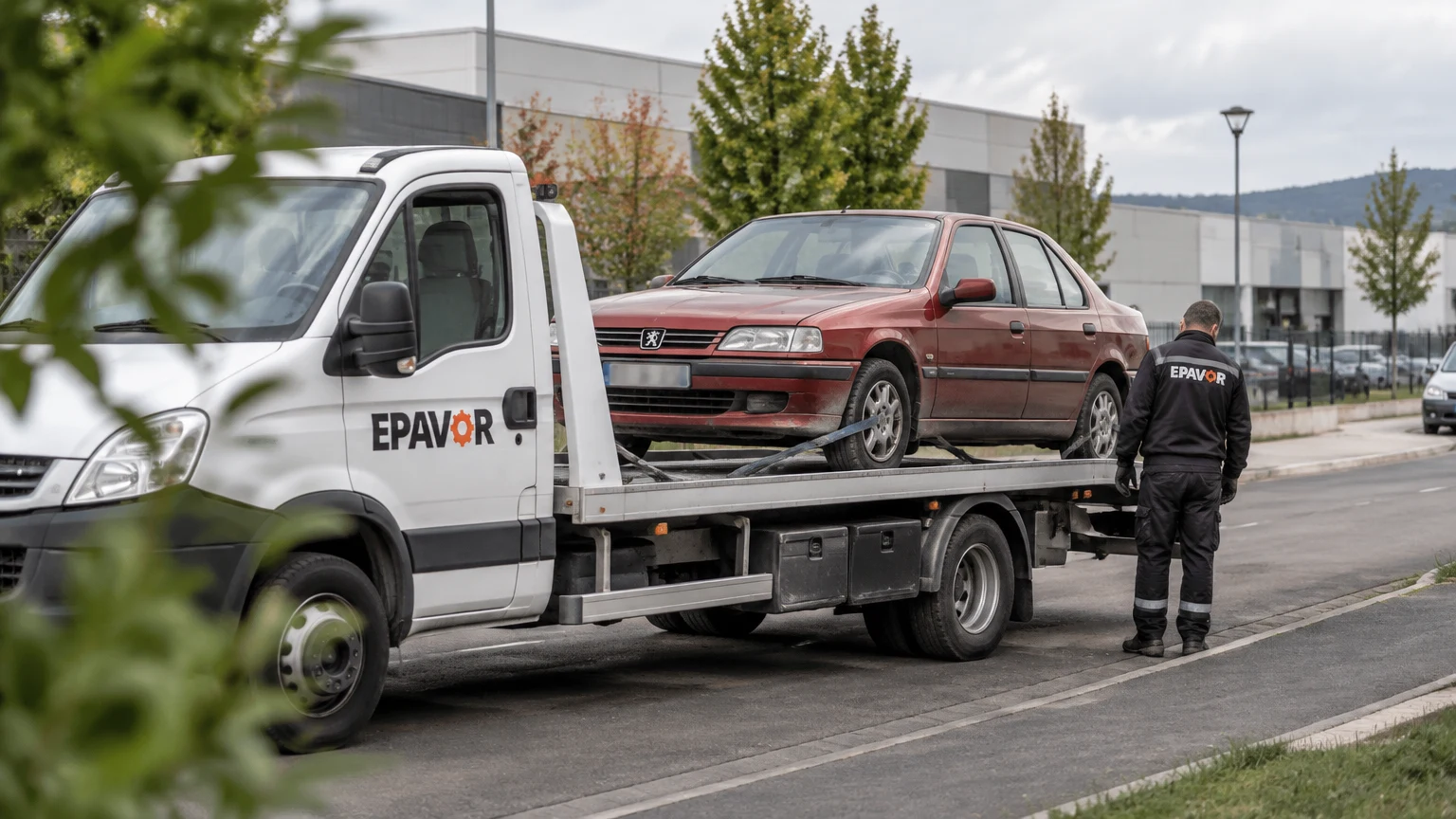 Illustration d’un enlèvement d’épave à Molsheim avec une dépanneuse — service d’épaviste.
