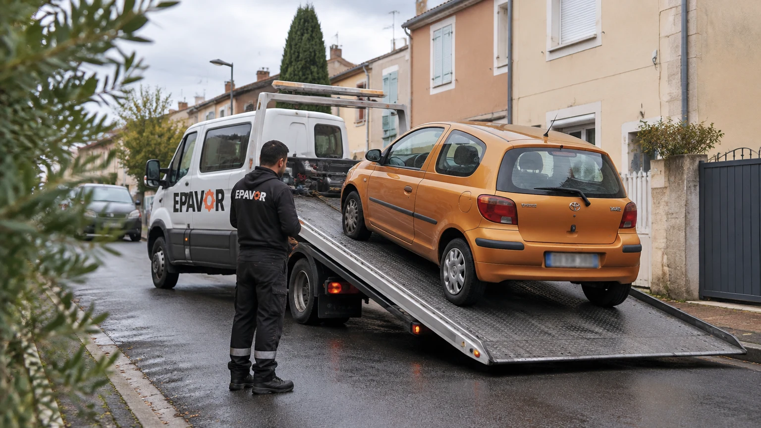 Illustration d’un enlèvement d’épave à Monteux avec une dépanneuse — service d’épaviste.