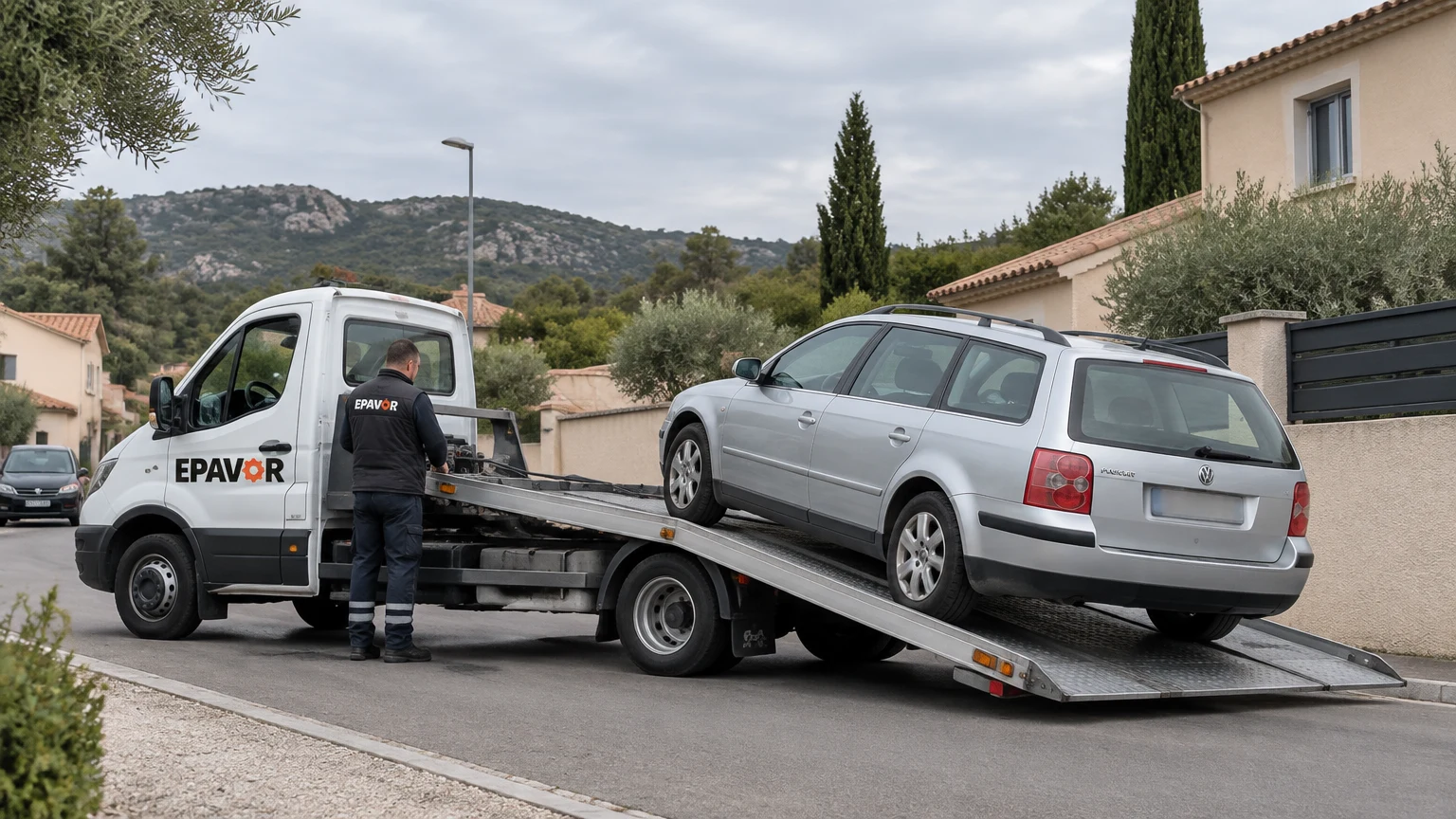 Illustration d’un enlèvement d’épave à Mornas avec une dépanneuse — service d’épaviste.