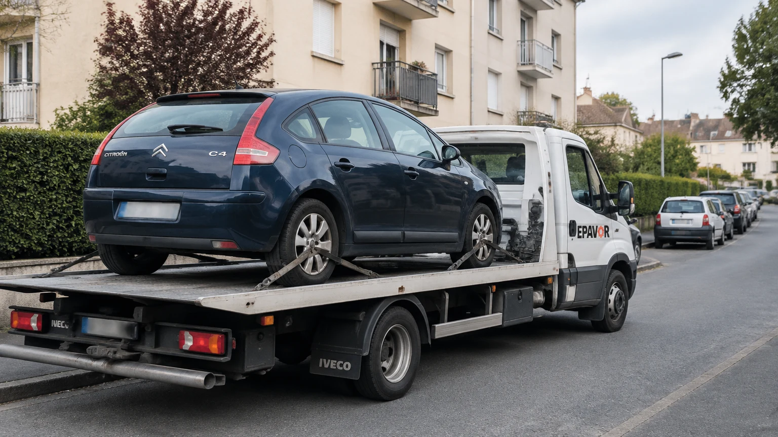 Illustration d’un enlèvement d’épave à Mortagne-au-Perche avec une dépanneuse — service d’épaviste.