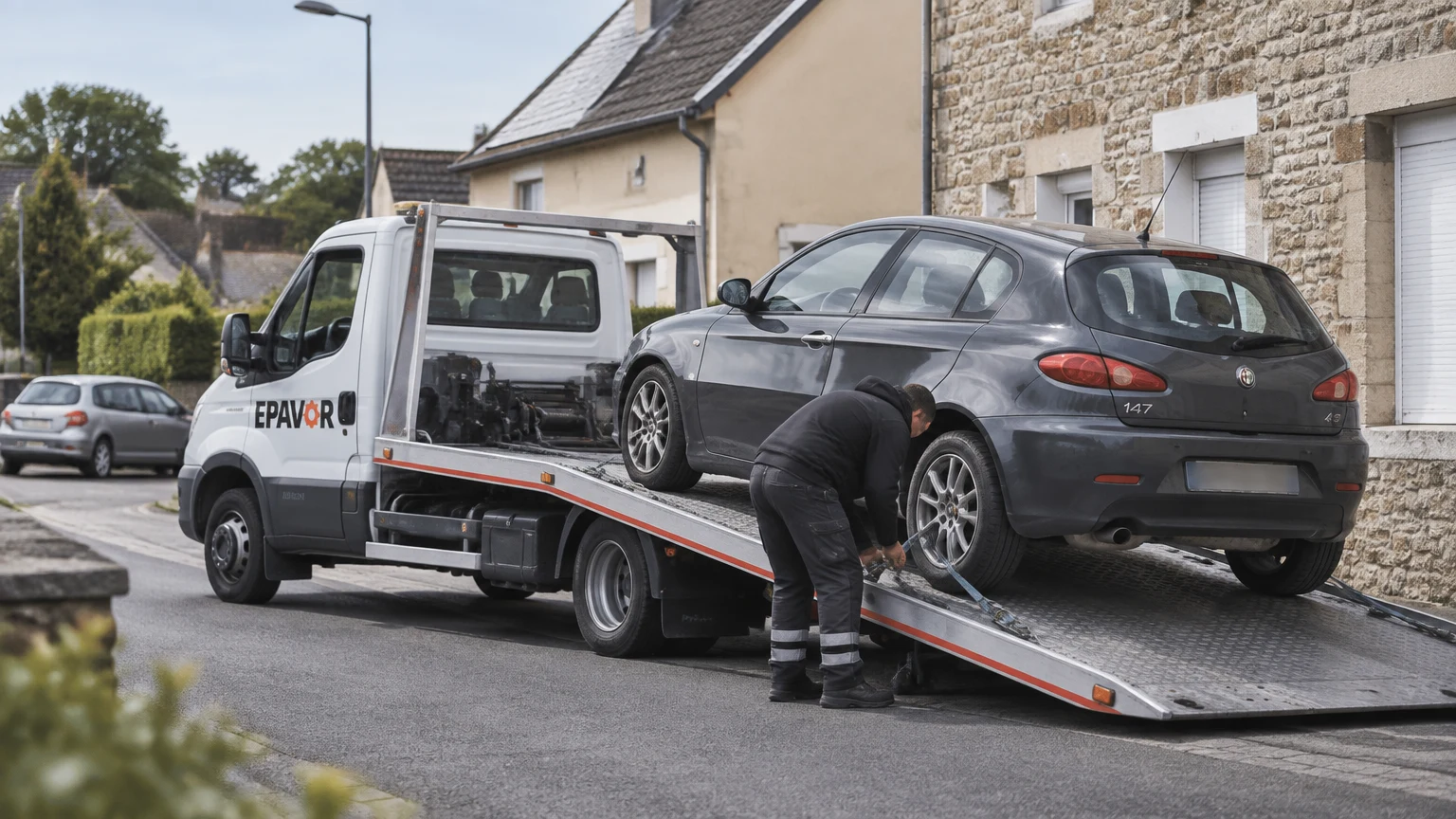 Illustration d’un enlèvement d’épave à Naves avec une dépanneuse — service d’épaviste.