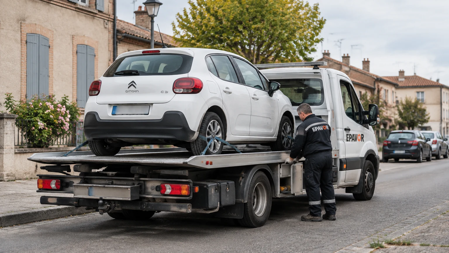 Illustration d’un enlèvement d’épave à Nègrepelisse avec une dépanneuse — service d’épaviste.