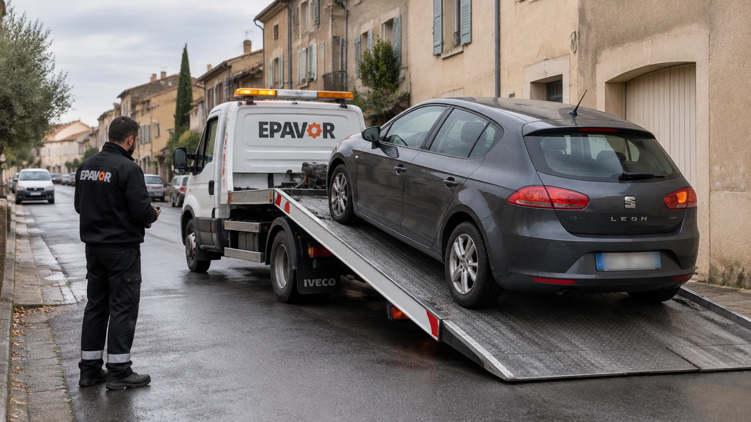 Illustration d’un enlèvement d’épave à Ouveillan avec une dépanneuse — service d’épaviste.