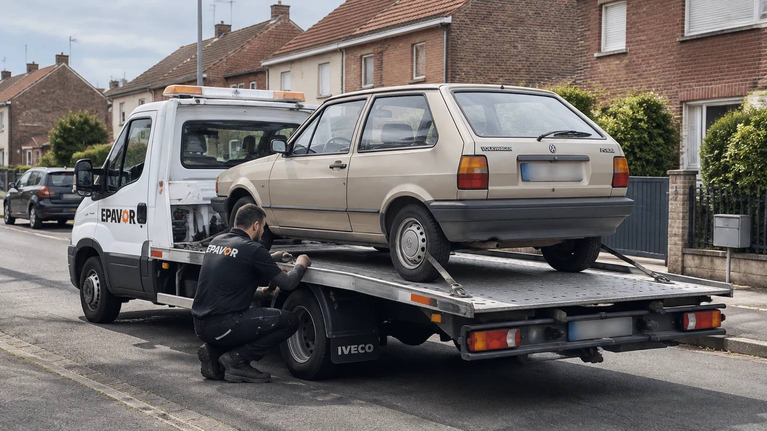 Illustration d’un enlèvement d’épave à Pecquencourt avec une dépanneuse — service d’épaviste.