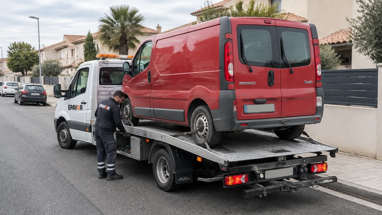 Illustration d’un enlèvement d’épave à Pérols avec une dépanneuse — service d’épaviste.