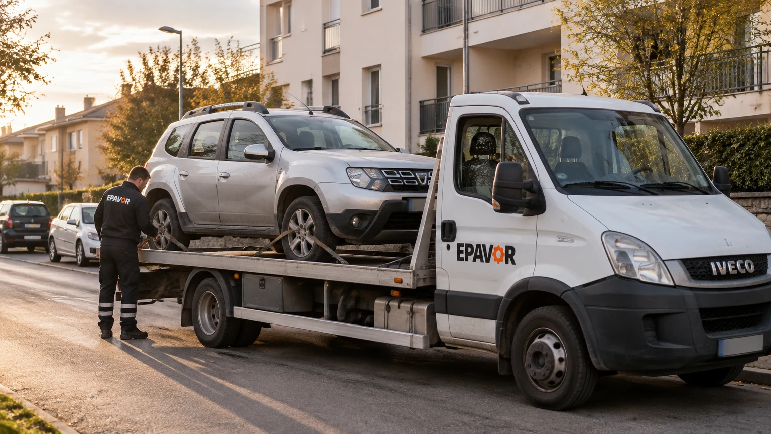 Illustration d’un enlèvement d’épave à Perrigny-lès-Dijon avec une dépanneuse — service d’épaviste.