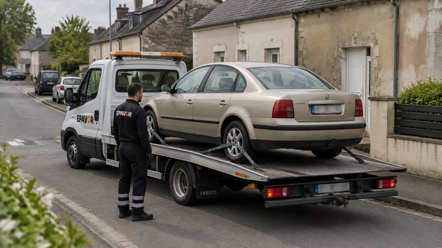 Illustration d’un enlèvement d’épave à Plessé avec une dépanneuse — service d’épaviste.