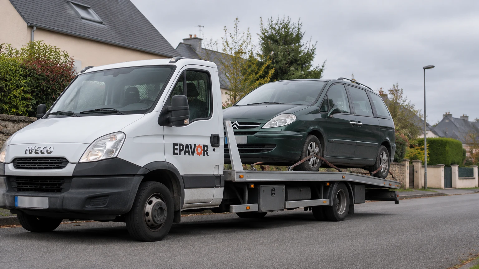 Illustration d’un enlèvement d’épave à Pleyben avec une dépanneuse — service d’épaviste.