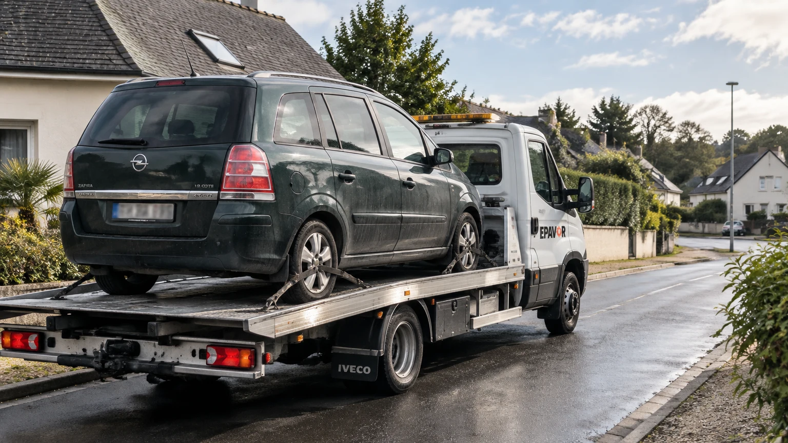 Illustration d’un enlèvement d’épave à Plomelin avec une dépanneuse — service d’épaviste.