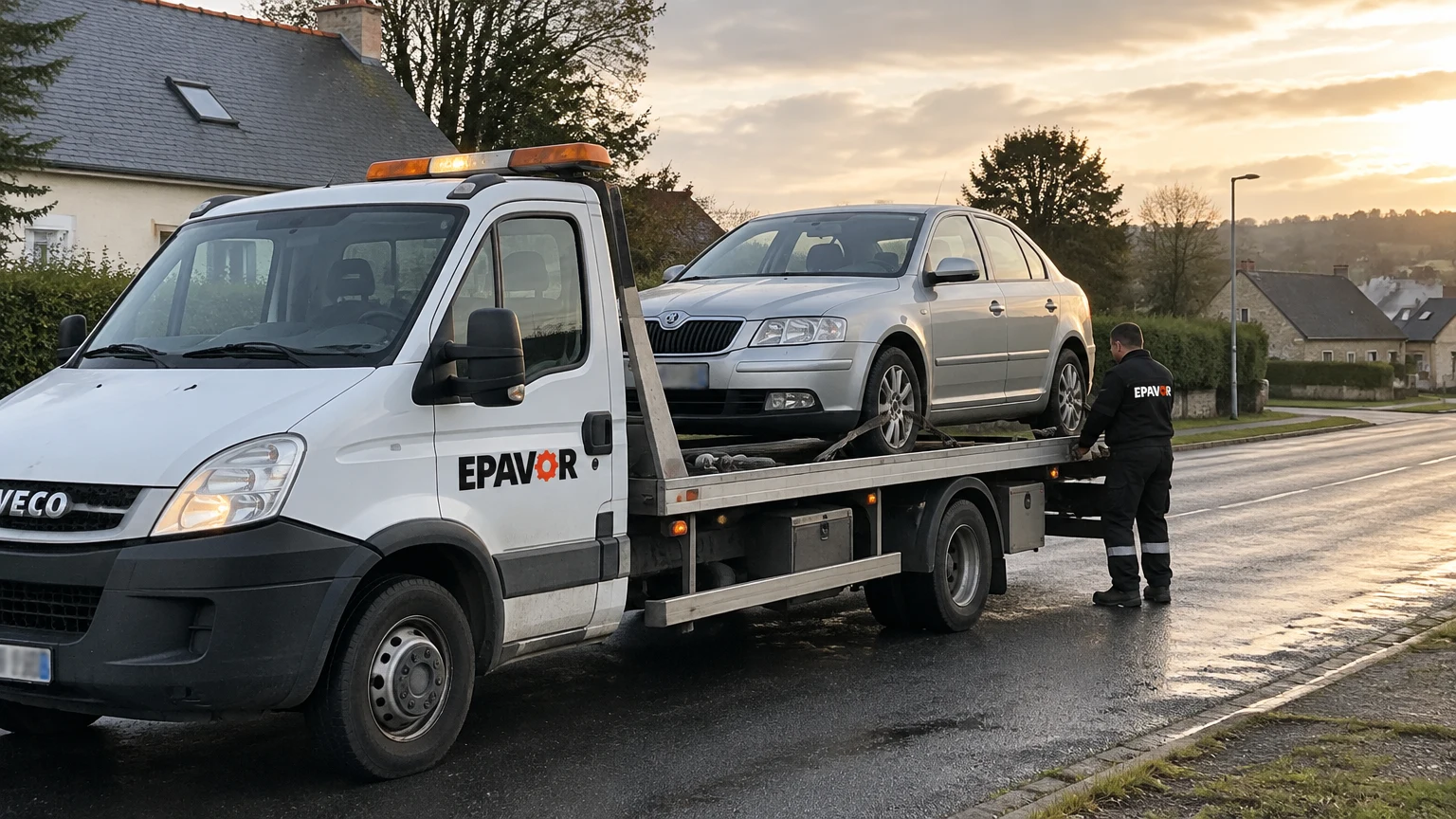 Illustration d’un enlèvement d’épave à Plouagat avec une dépanneuse — service d’épaviste.