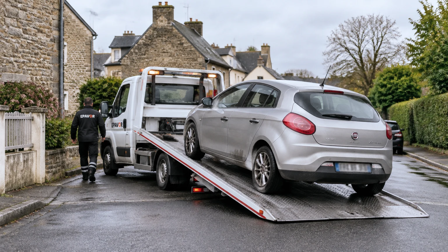 Illustration d’un enlèvement d’épave à Pluduno avec une dépanneuse — service d’épaviste.