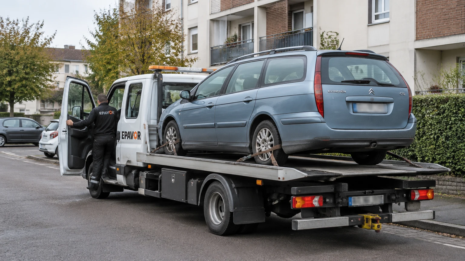 Illustration d’un enlèvement d’épave à Pont-de-l'Arche avec une dépanneuse — service d’épaviste.
