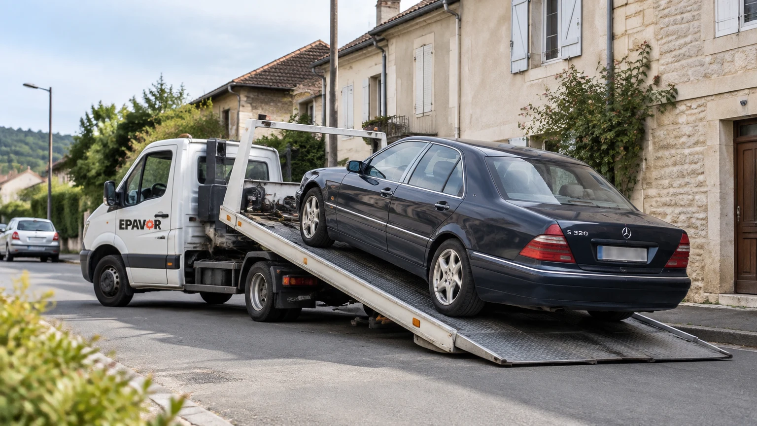 Illustration d’un enlèvement d’épave à Port-Sainte-Foy-et-Ponchapt avec une dépanneuse — service d’épaviste.