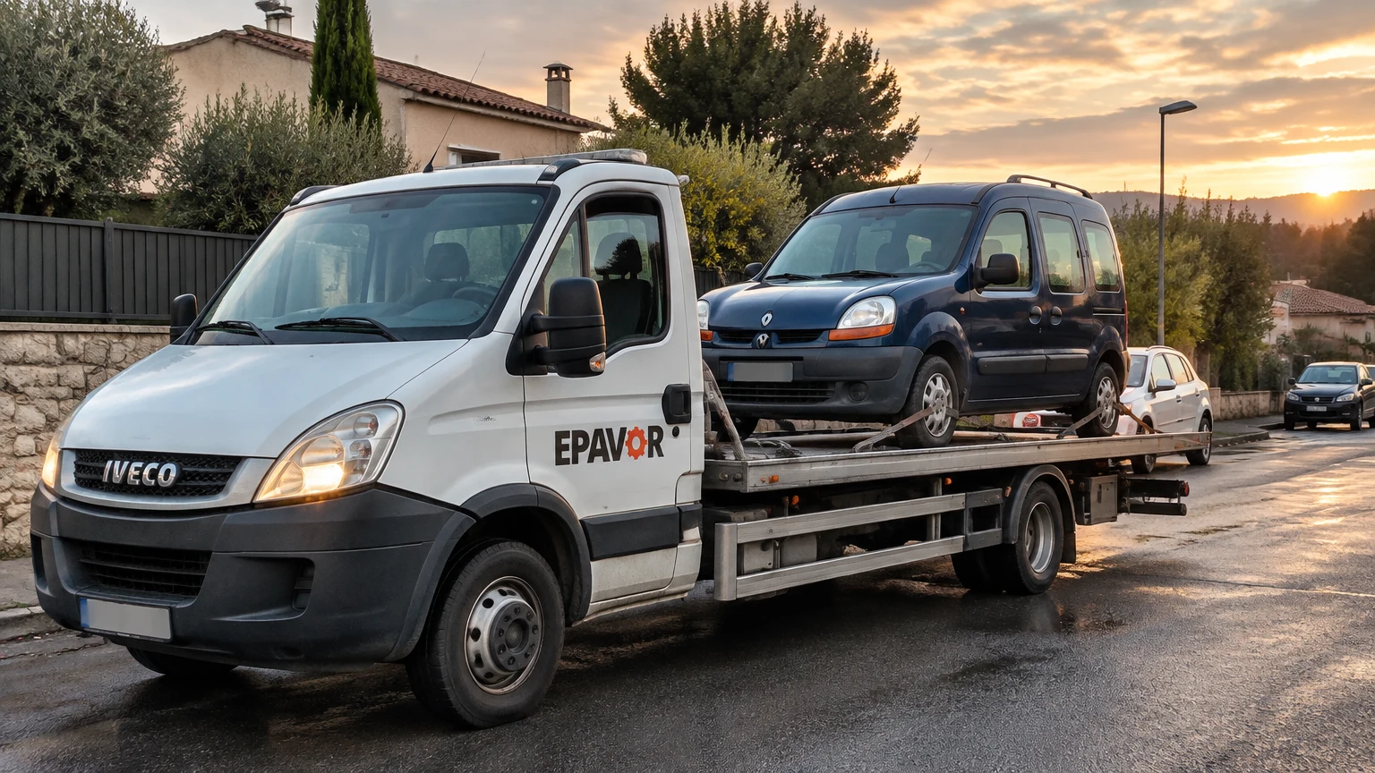Illustration d’un enlèvement d’épave à Prades-le-Lez avec une dépanneuse — service d’épaviste.