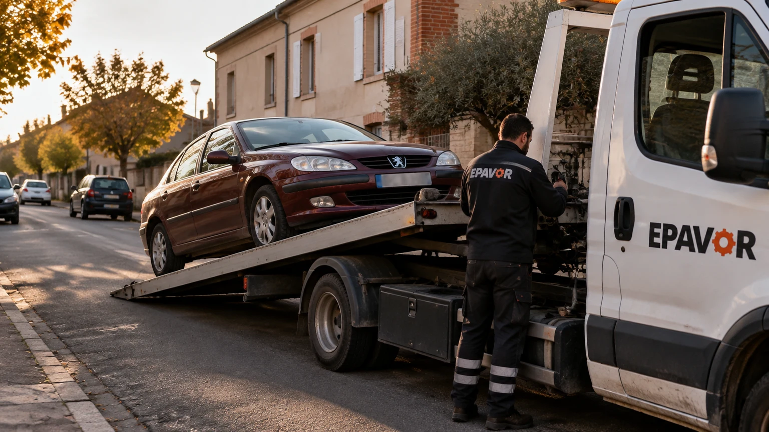 Illustration d’un enlèvement d’épave à Rabastens avec une dépanneuse — service d’épaviste.
