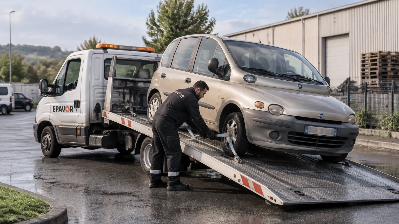 Illustration d’un enlèvement d’épave à Ribérac avec une dépanneuse — service d’épaviste.
