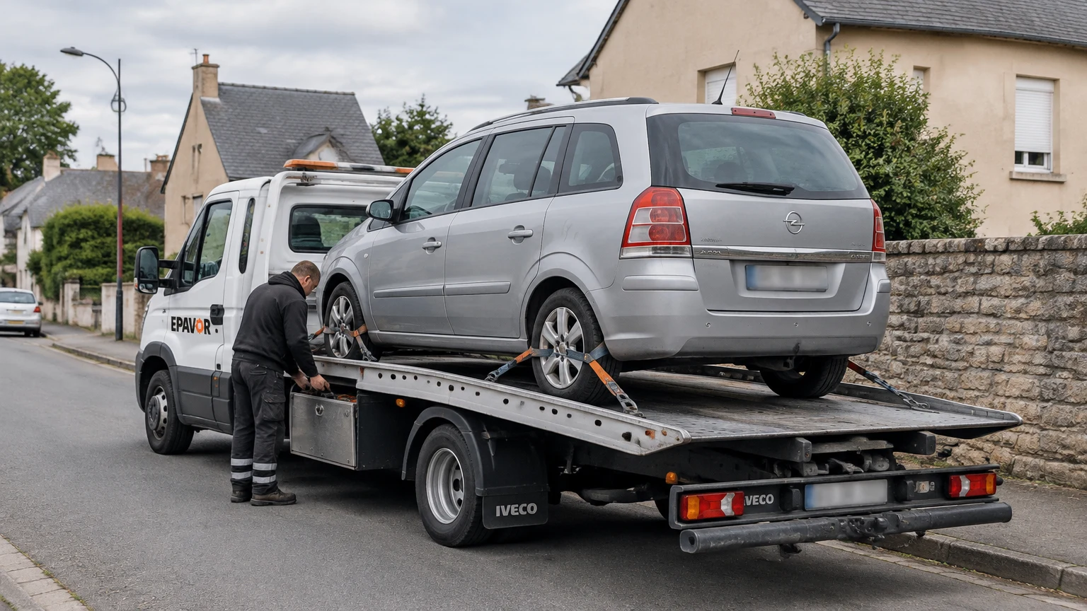 Illustration d’un enlèvement d’épave à Rouillon avec une dépanneuse — service d’épaviste.