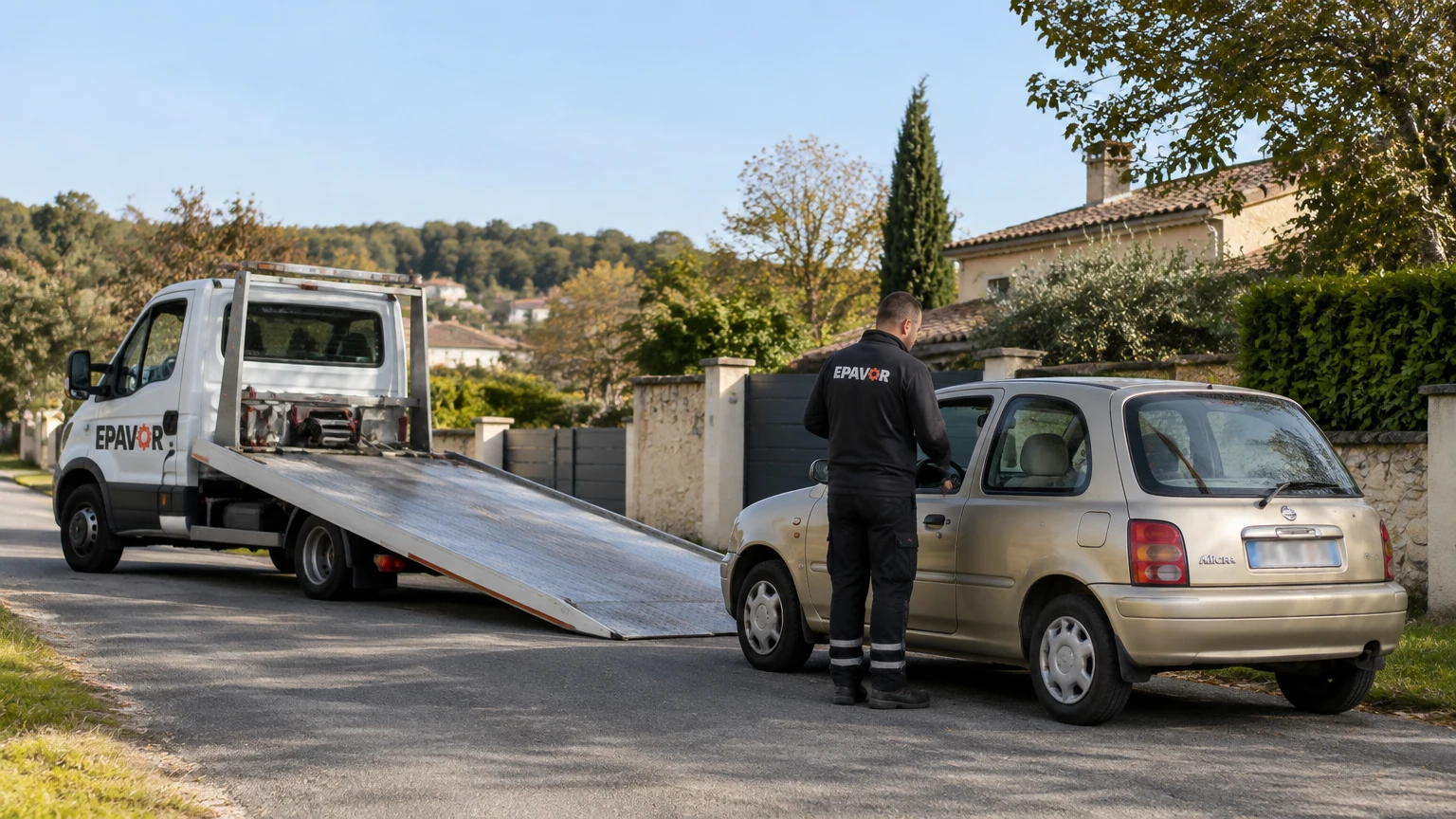 Illustration d’un enlèvement d’épave à Sadirac avec une dépanneuse — service d’épaviste.