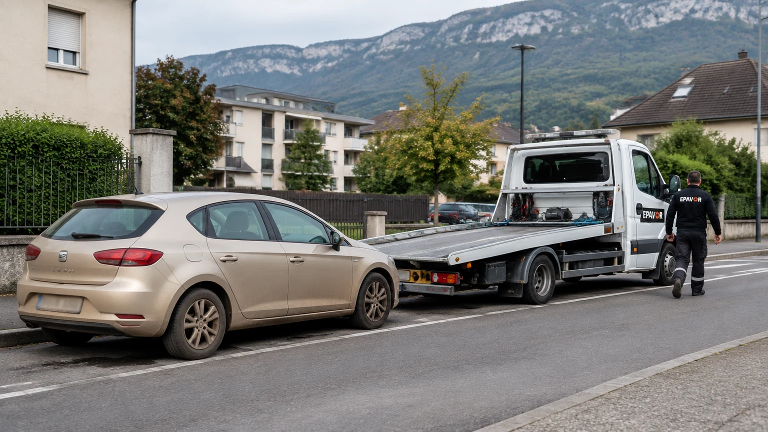 Illustration d’un enlèvement d’épave à Saint-Alban-Leysse avec une dépanneuse — service d’épaviste.