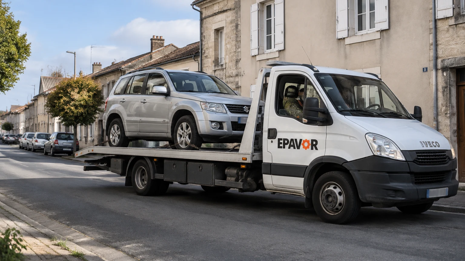 Illustration d’un enlèvement d’épave à Saint-Ciers-sur-Gironde avec une dépanneuse — service d’épaviste.
