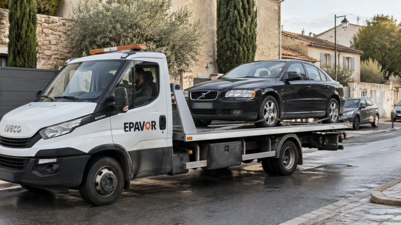 Illustration d’un enlèvement d’épave à Saint-Jean-de-Védas avec une dépanneuse — service d’épaviste.