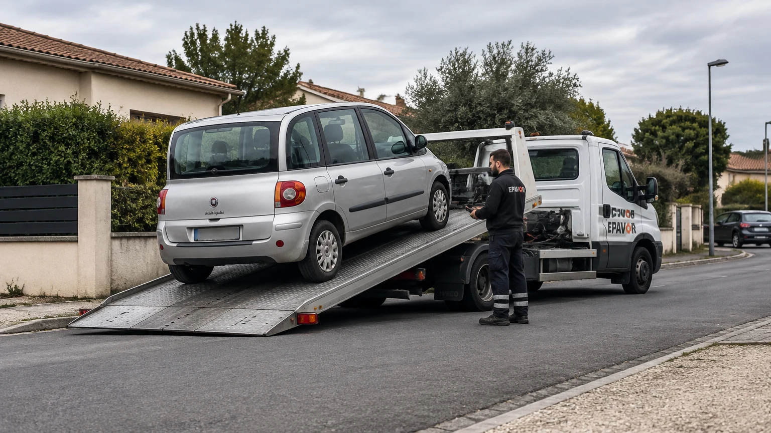 Illustration d’un enlèvement d’épave à Saint-Médard-d'Eyrans avec une dépanneuse — service d’épaviste.