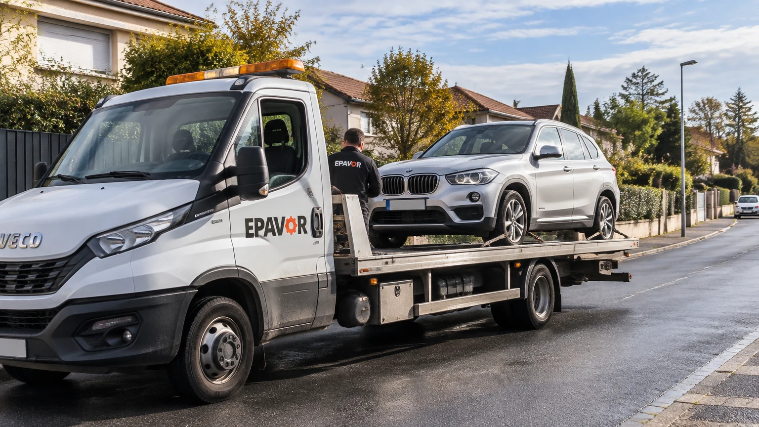 Illustration d’un enlèvement d’épave à Saint-Quentin-Fallavier avec une dépanneuse — service d’épaviste.