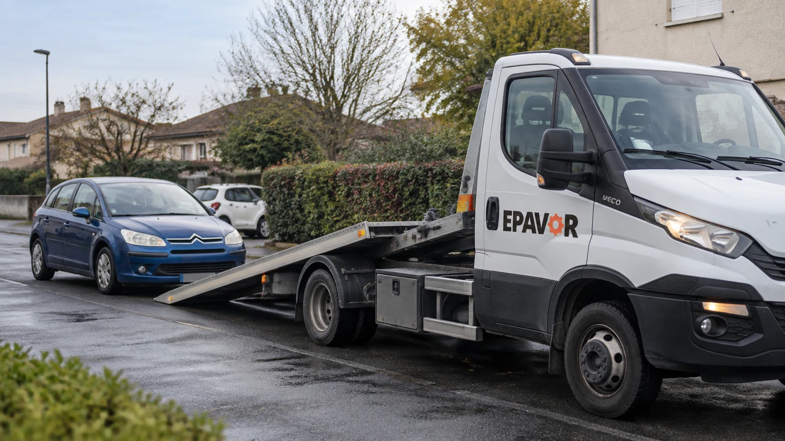 Illustration d’un enlèvement d’épave à Saint-Yzan-de-Soudiac avec une dépanneuse — service d’épaviste.