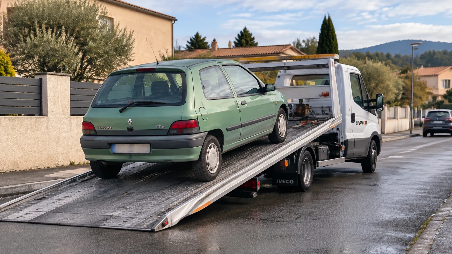 Illustration d’un enlèvement d’épave à Salindres avec une dépanneuse — service d’épaviste.