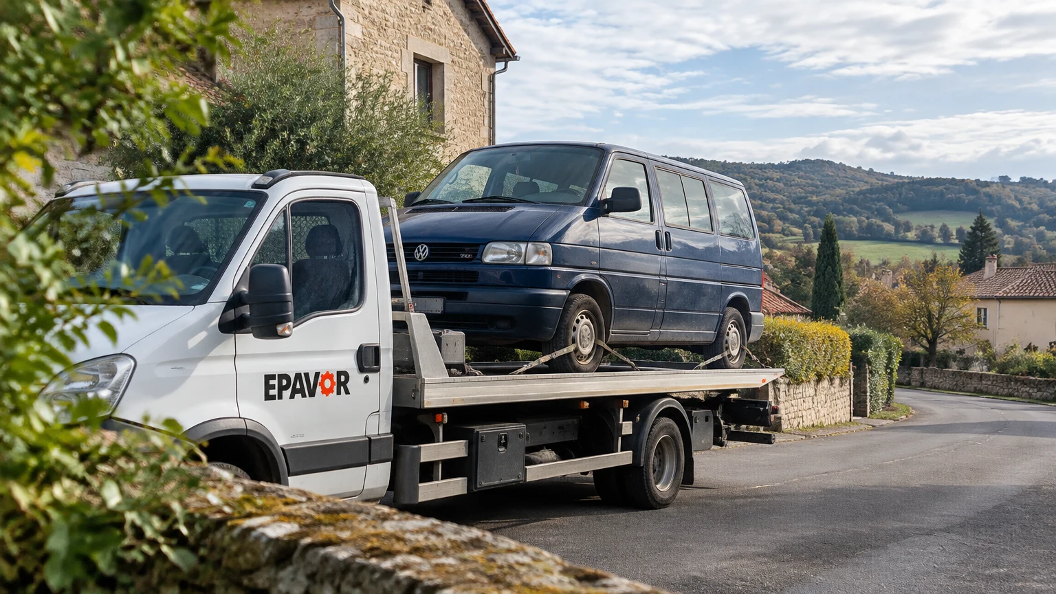 Illustration d’un enlèvement d’épave à Salles-la-Source avec une dépanneuse — service d’épaviste.