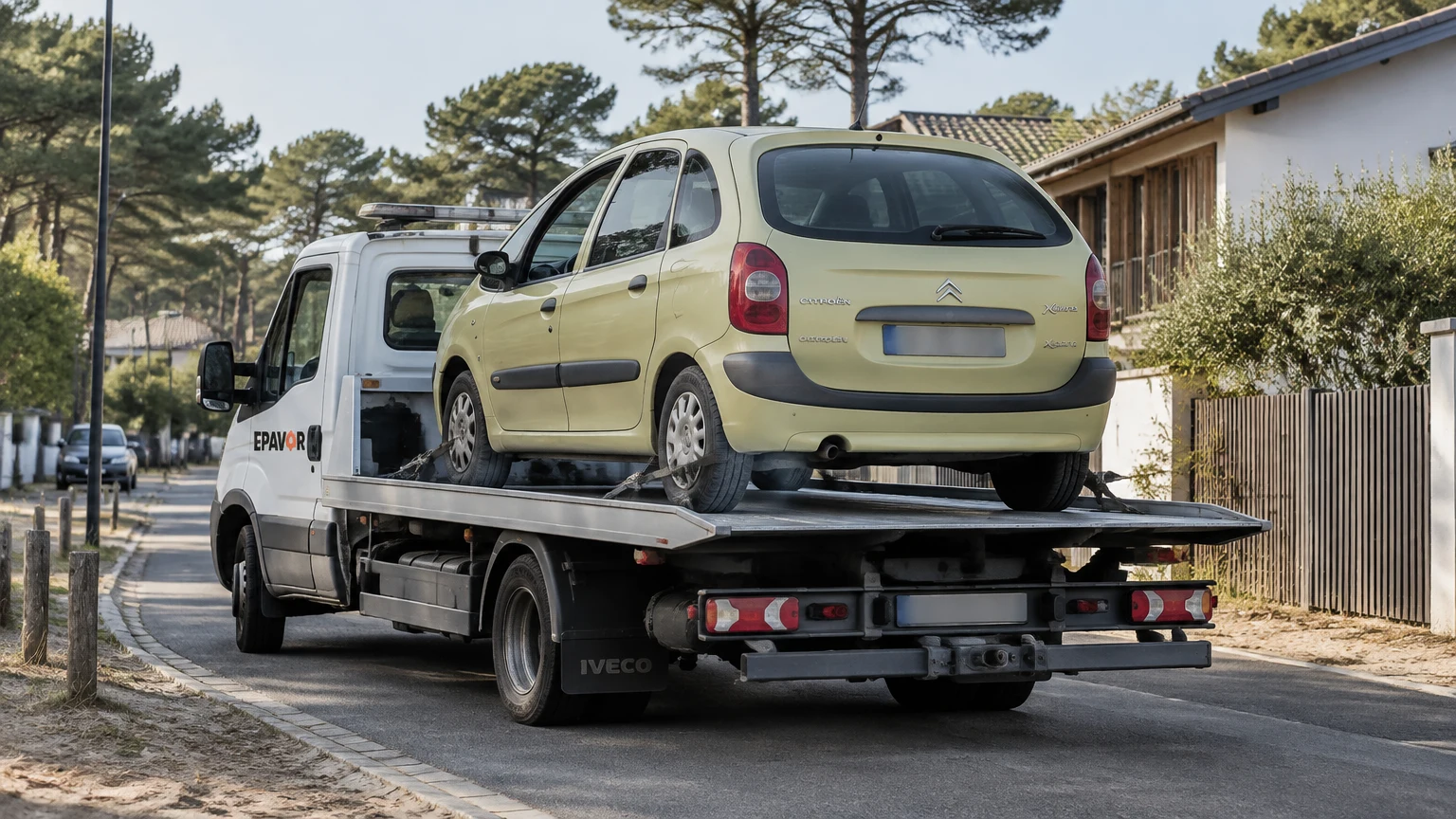 Illustration d’un enlèvement d’épave à Seignosse avec une dépanneuse — service d’épaviste.
