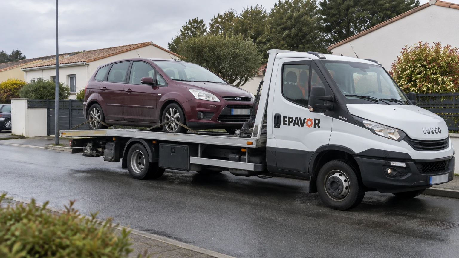 Illustration d’un enlèvement d’épave à Soullans avec une dépanneuse — service d’épaviste.