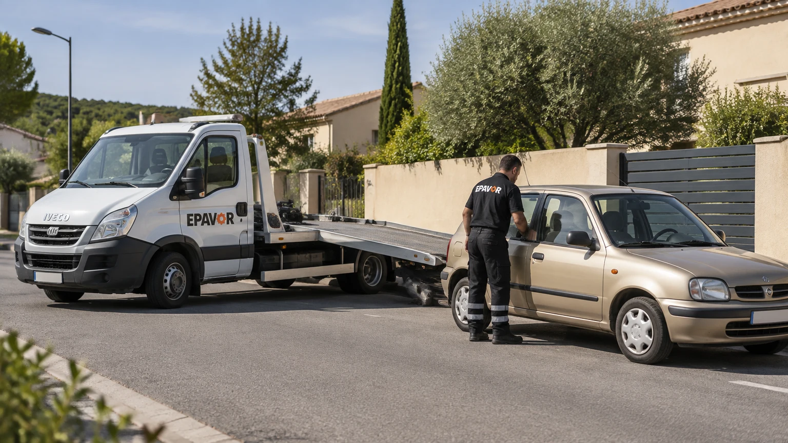 Illustration d’un enlèvement d’épave à Sussargues avec une dépanneuse — service d’épaviste.