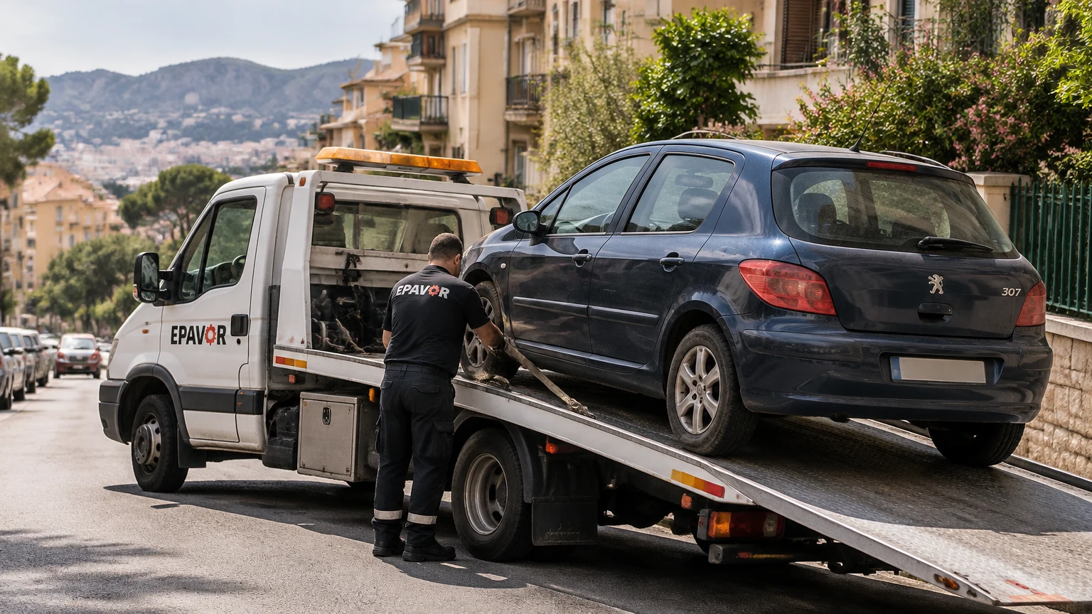 Illustration d’un enlèvement d’épave à Toulon avec une dépanneuse — service d’épaviste.
