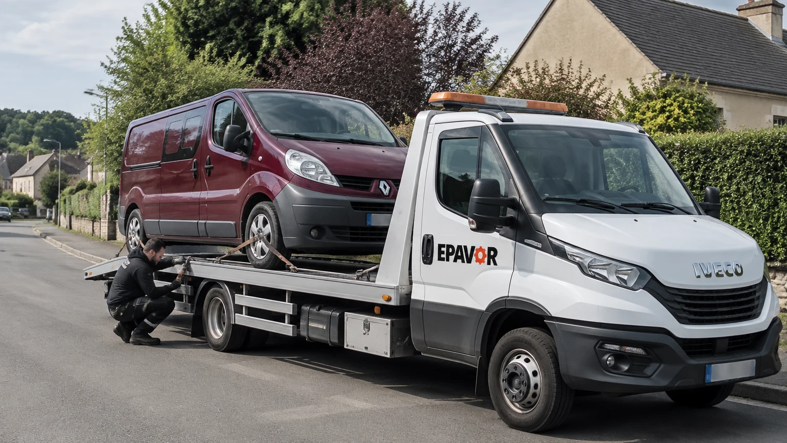 Illustration d’un enlèvement d’épave à Tourouvre avec une dépanneuse — service d’épaviste.
