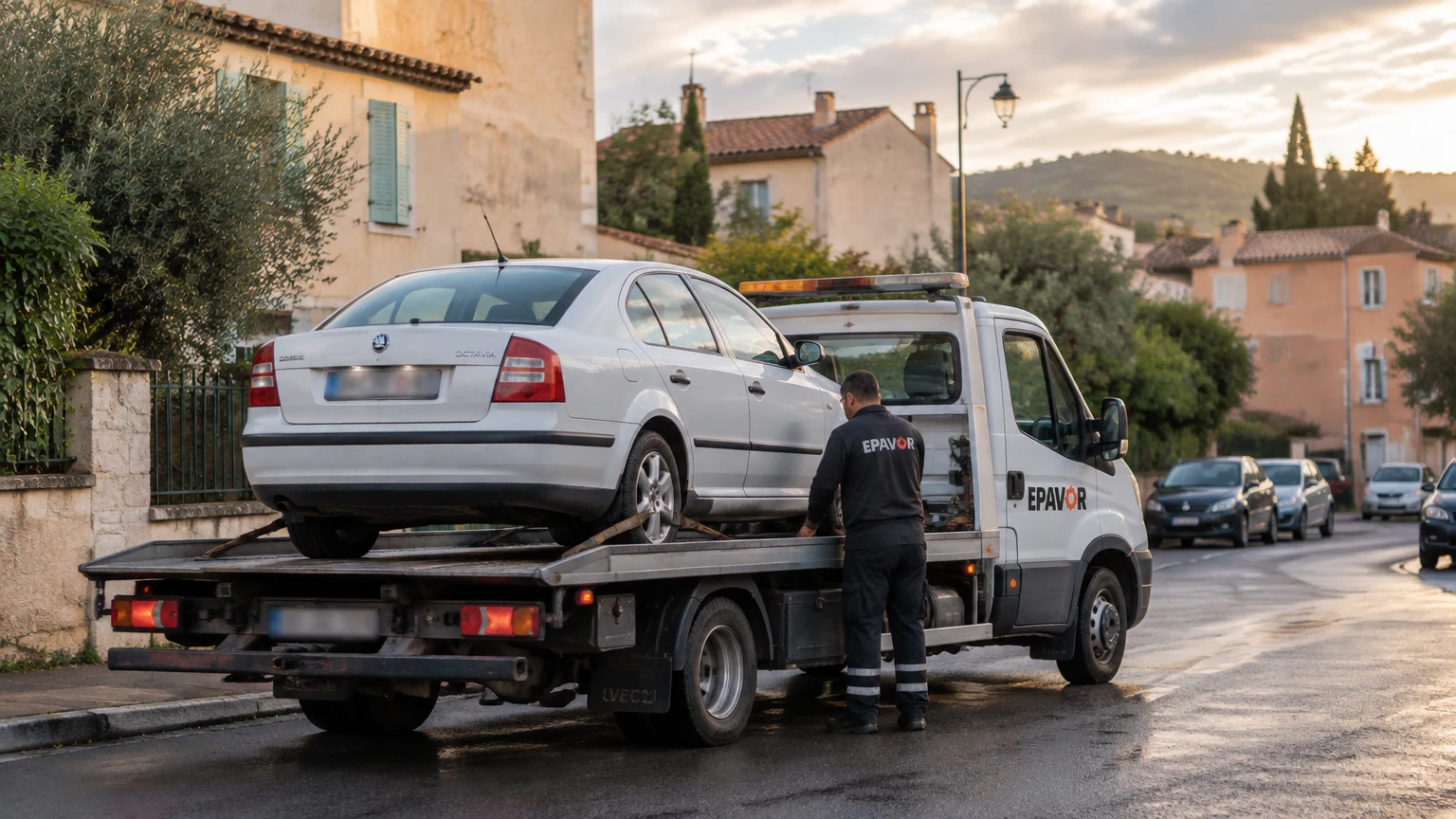Illustration d’un enlèvement d’épave à Tourves avec une dépanneuse — service d’épaviste.