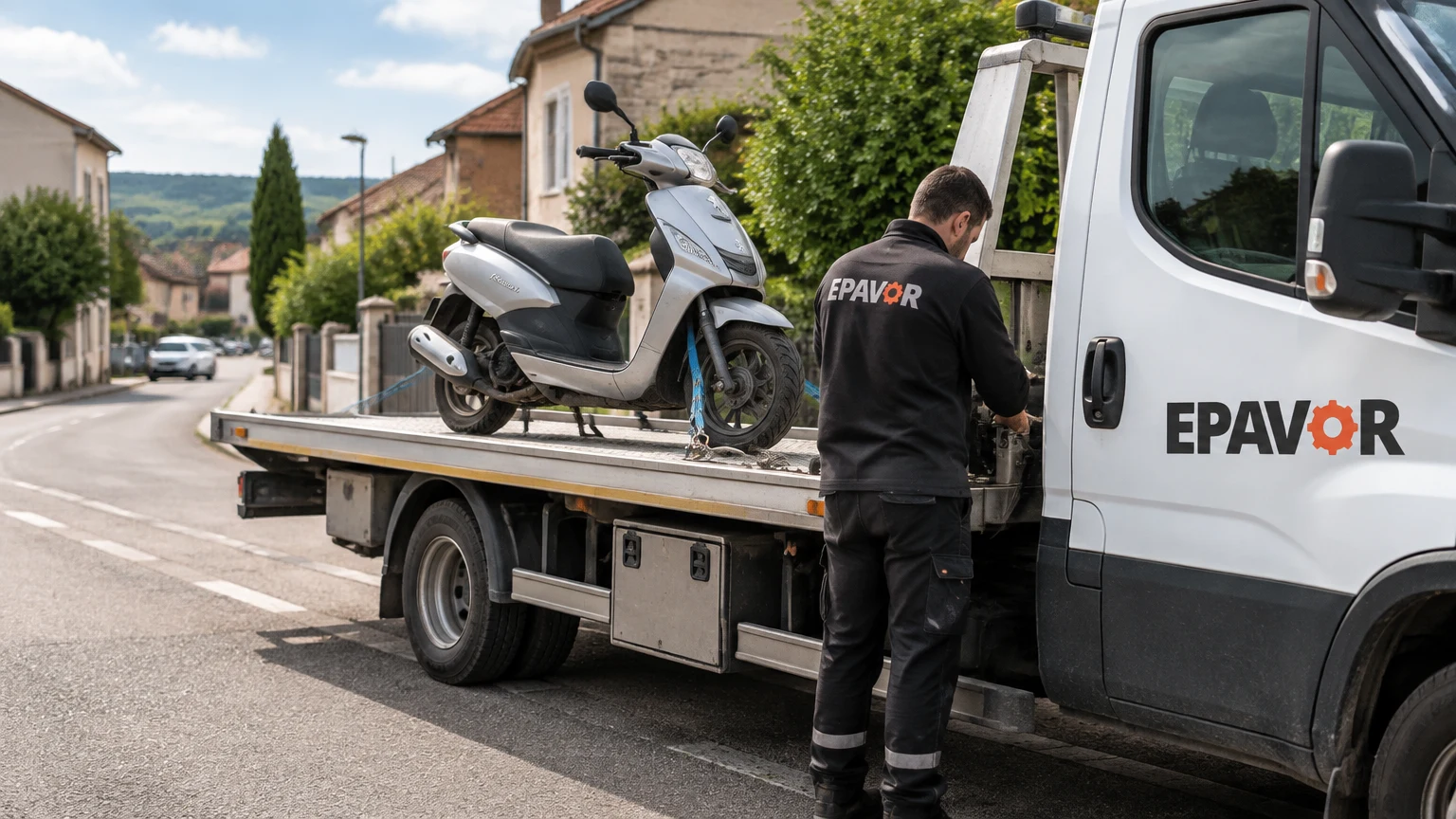 Illustration d’un enlèvement d’épave à Valencin avec une dépanneuse — service d’épaviste.