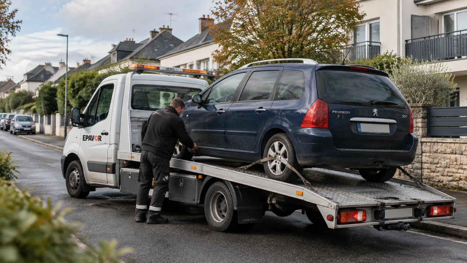 Illustration d’un enlèvement d’épave à Vannes avec une dépanneuse — service d’épaviste.