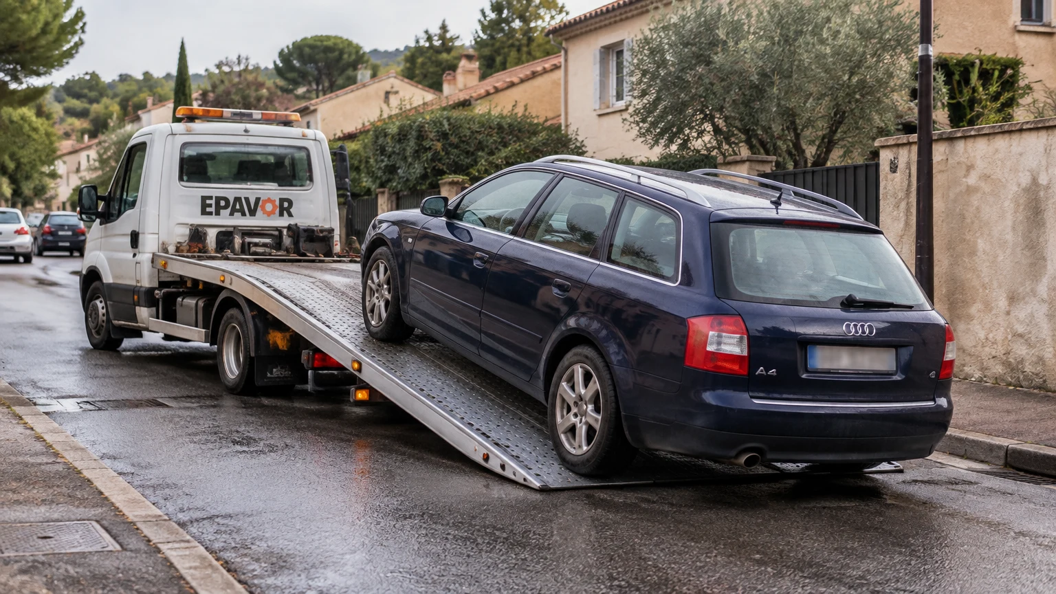 Illustration d’un enlèvement d’épave à Velaux avec une dépanneuse — service d’épaviste.