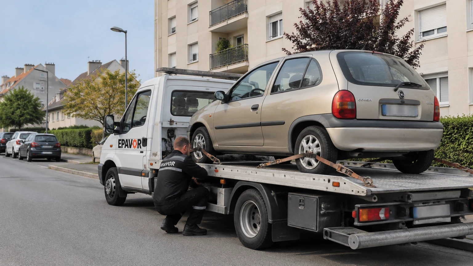 Illustration d’un enlèvement d’épave à Vendôme avec une dépanneuse — service d’épaviste.