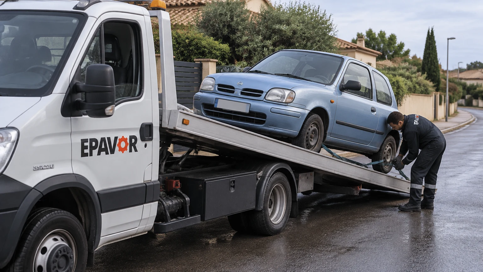 Illustration d’un enlèvement d’épave à Vendres avec une dépanneuse — service d’épaviste.