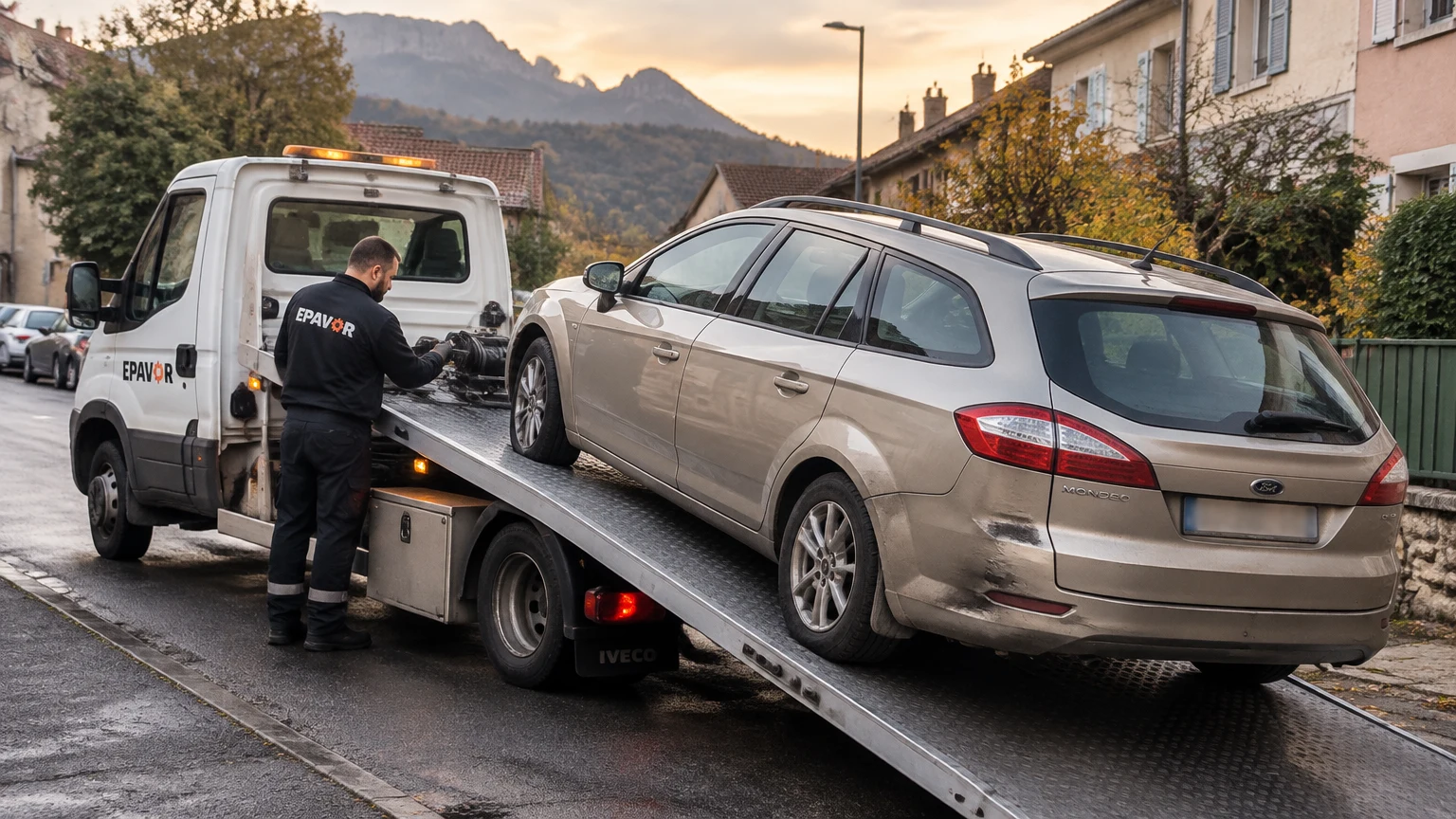 Illustration d’un enlèvement d’épave à Veynes avec une dépanneuse — service d’épaviste.